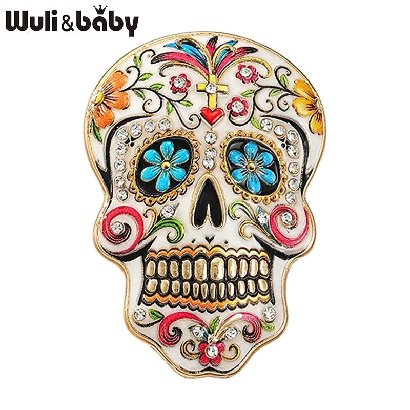 Wuli&baby Candy Skull Brooches For Women Unisex 4-color Enamel Floral Pattern Skeleton Party Casual Brooch Pin Gifts
