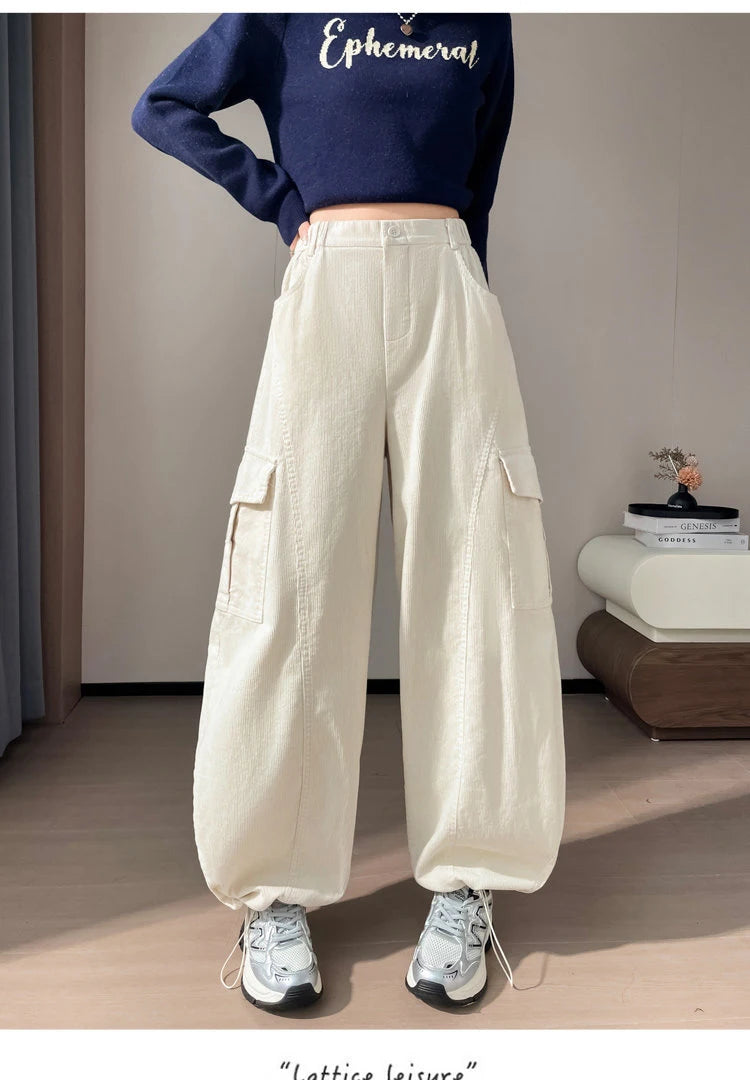 Corduroy cargo wide leg pants women in winter 2025 new high waisted loose fit slimming and ankle tied casual pants
