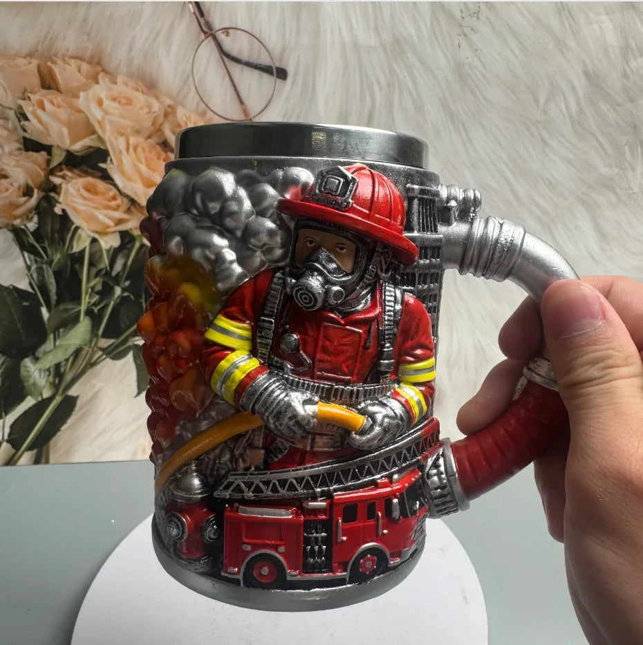 3D Firefighter Resin Mug Creative Fireman Coffee Cup with Hose Handle Fire Truck Relief Collectible Gift