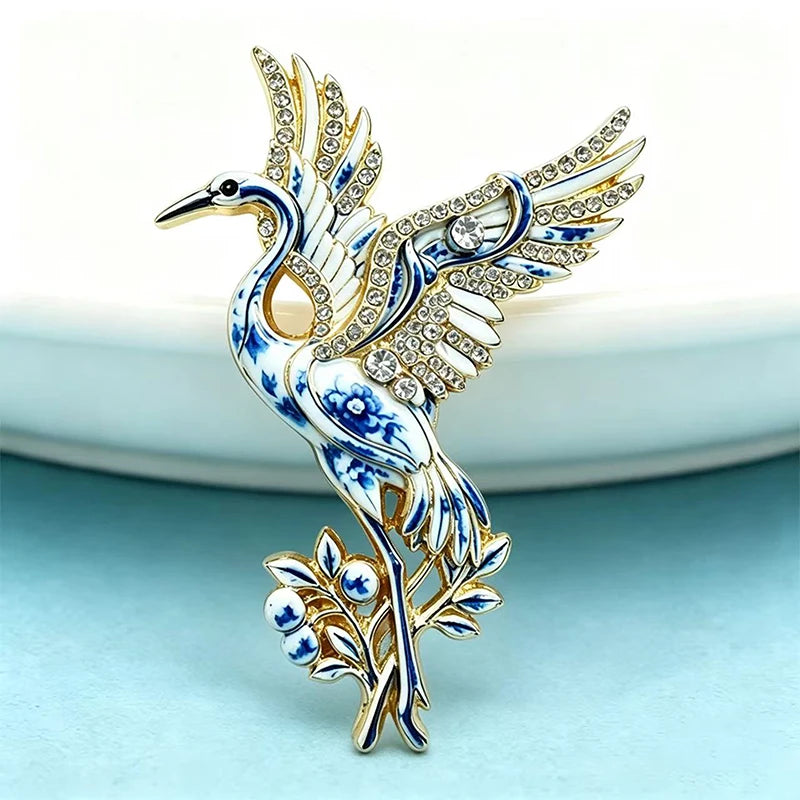 PENDRA Serene Crane Rhinestone Bird Brooch