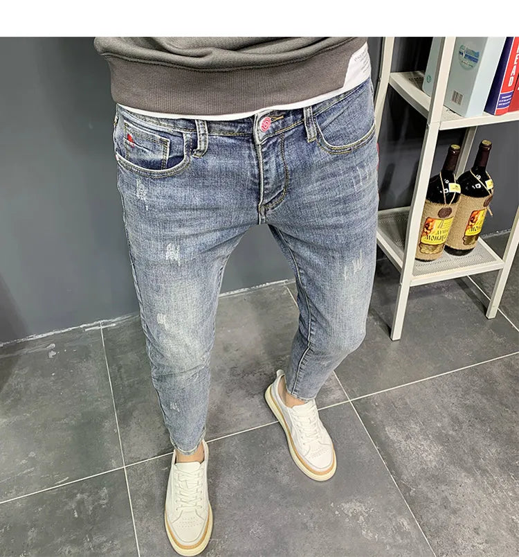 Summer light color jeans men's retro fashion brand embroidery slim fit small feet Korean fashion casual thin nine point pants