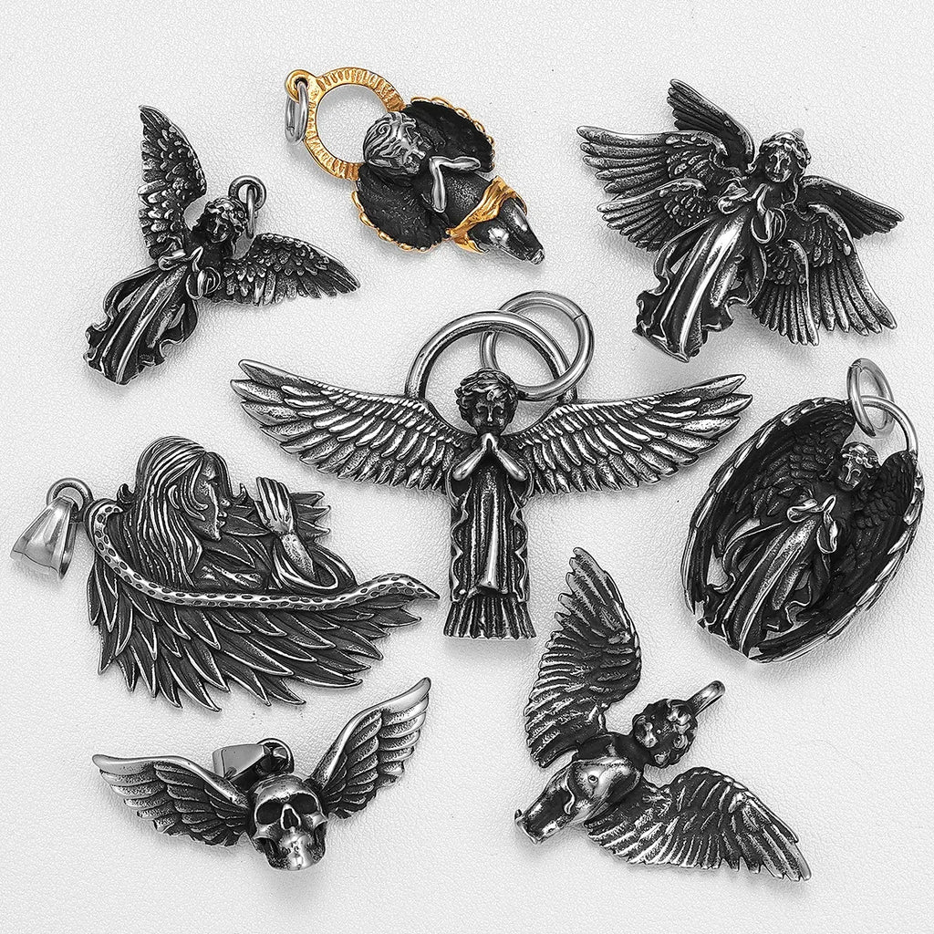 Angel Wing Pray Amulet Stainless Steel Men Necklaces Pendant Chain Punk New in For Couple Women Fashion Jewelry Gifts Wholesale