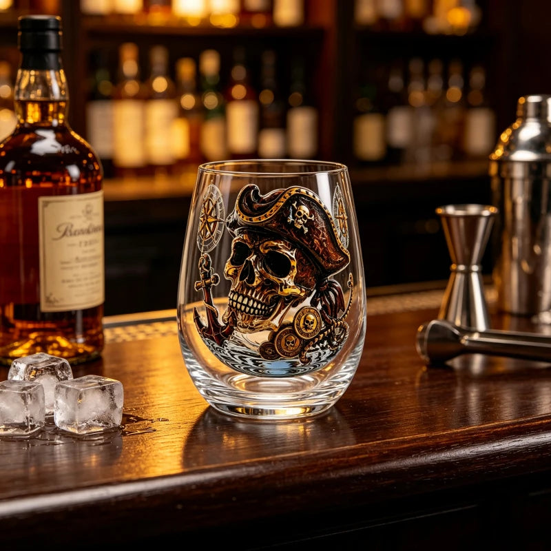 Vintage Pirate Captain Skull Stemless Whiskey Glass Nautical Anchor Compass Treasure Coin Print Heavy Base Bar Decor Tumbler