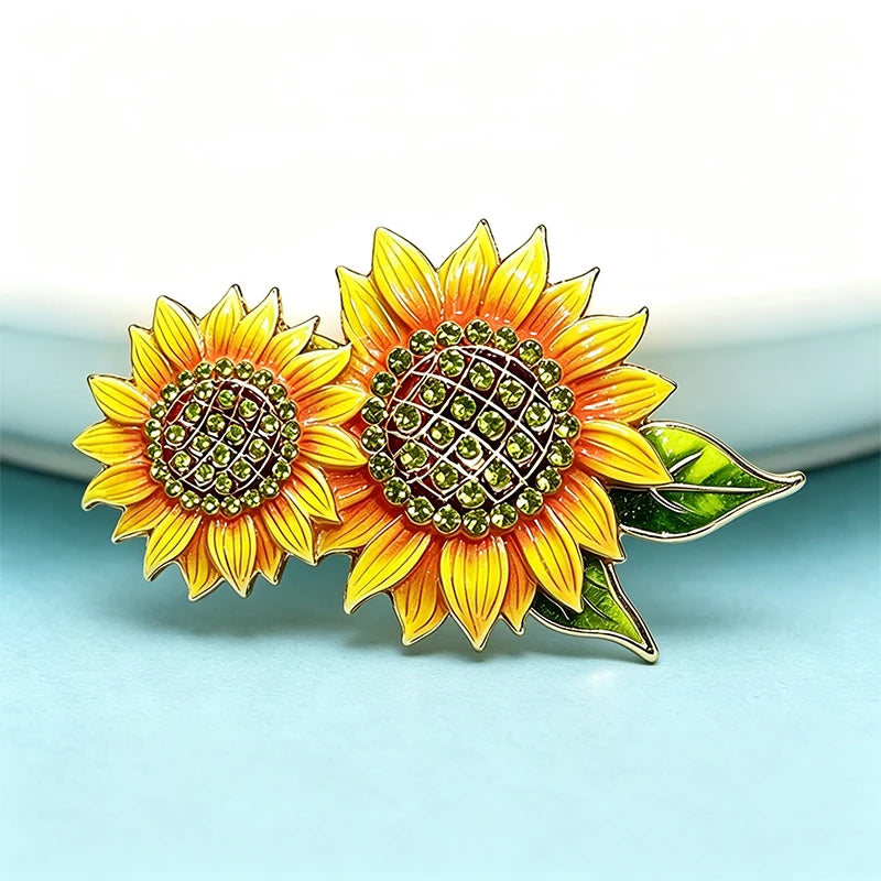 PENDRA Solara 2-Color Enamel Rhinestone Sunflower Brooch