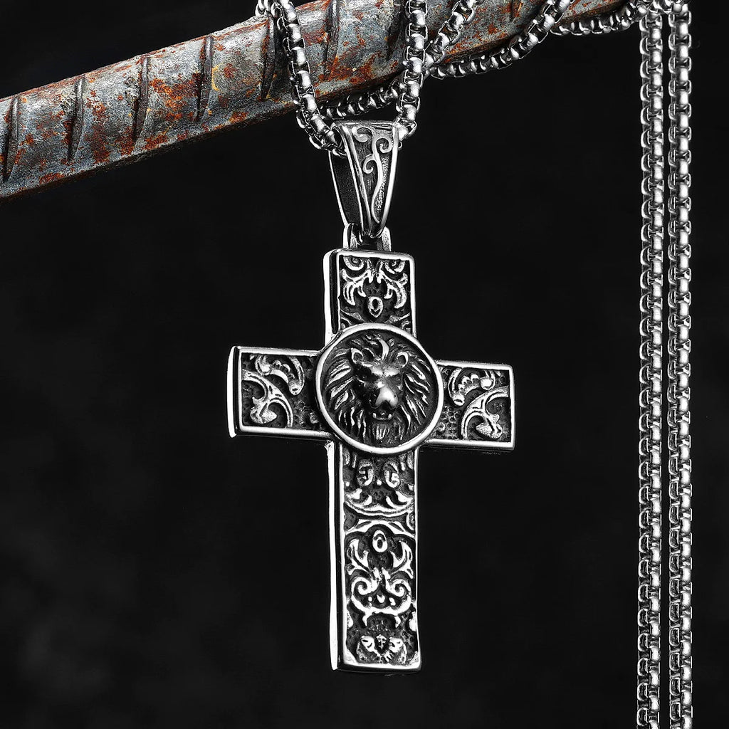 PENDRA Lion Carving Flowers Steel Necklace