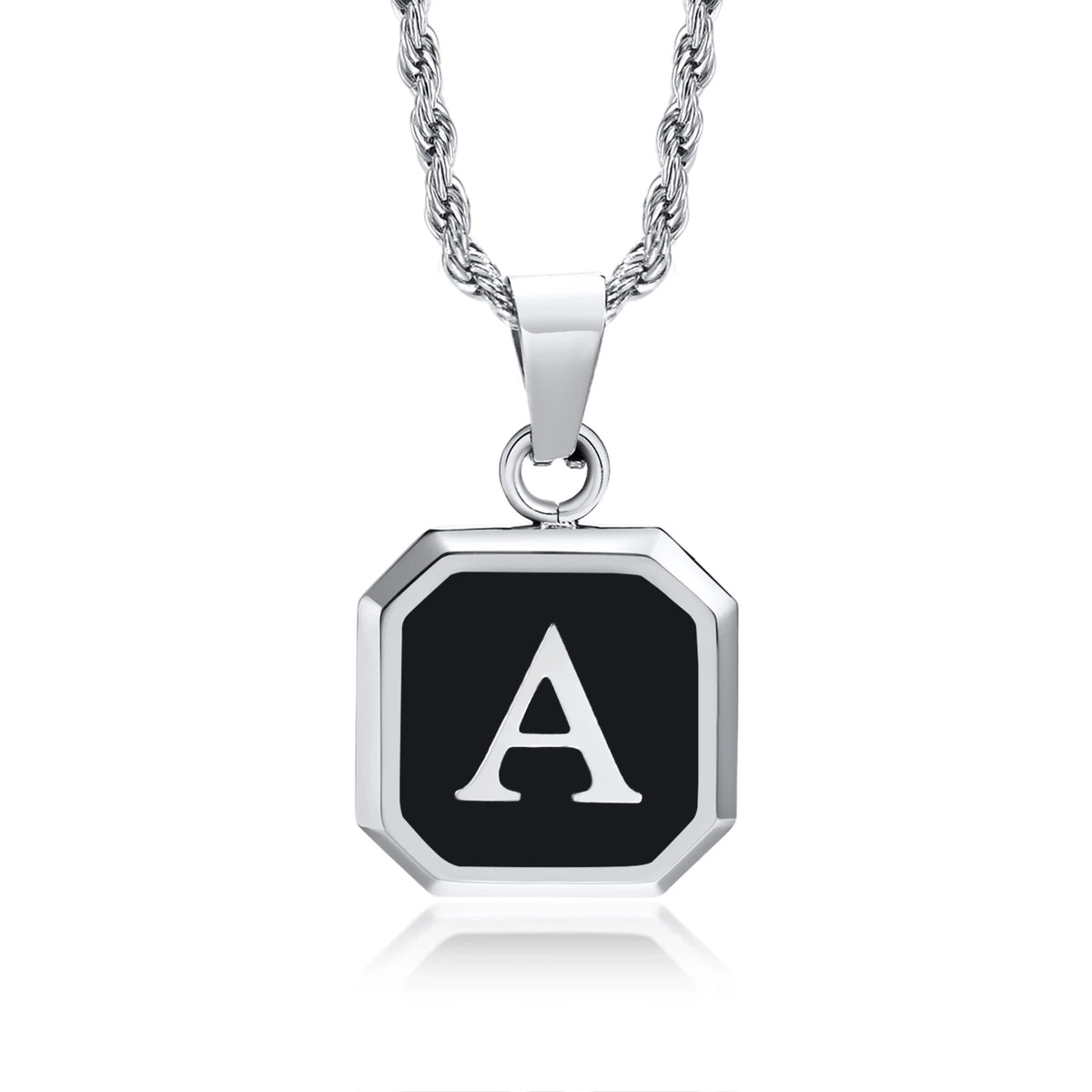 Initials Necklaces for Men Women,A-Z 26 Letters Black Square Stainless Steel Pendant Collar,45-60CM Twisted Rope Chain Gifts