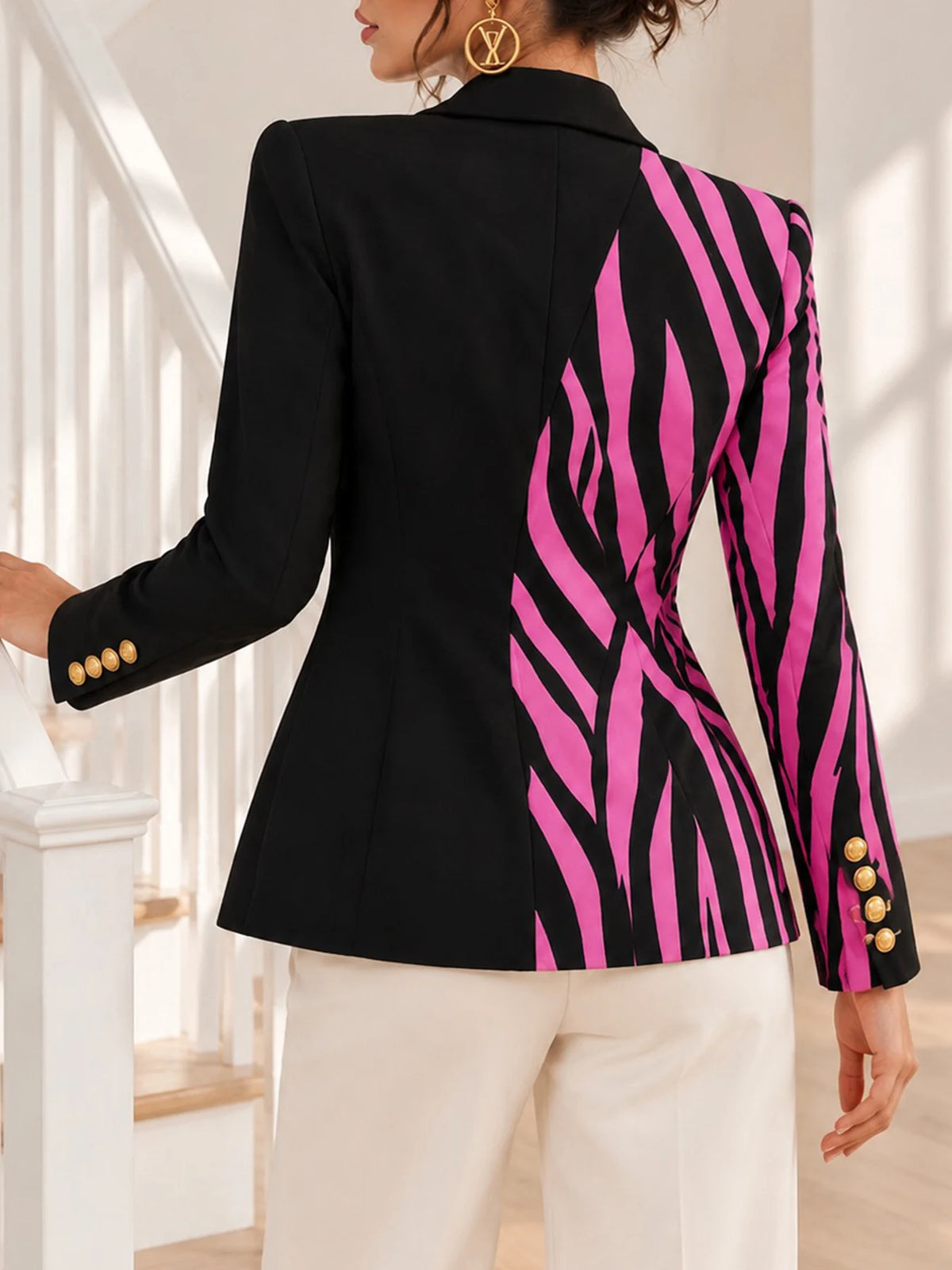 Women's Fashion Black and Pink Color-block Double-breasted Zebra Print Blazer, Slim Fit, Women's Autumn Outfit