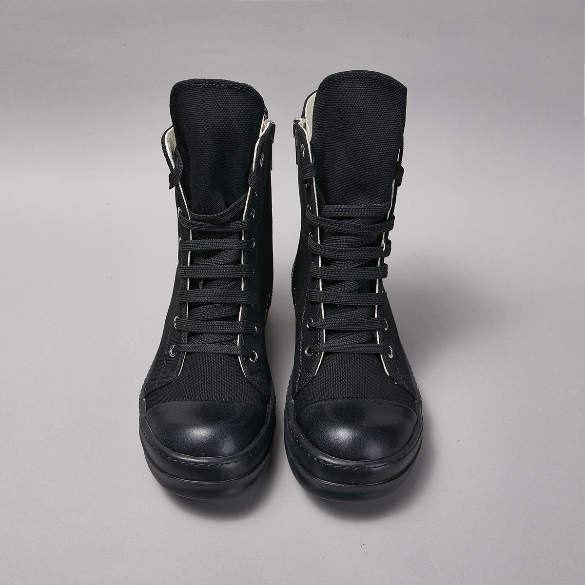 PENDRA Obsidian Lace Black Leather High-Top Zip Lace-Up Ankle Boots