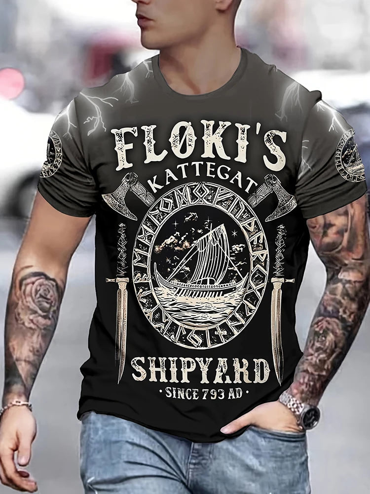 Viking-style Nordic Mythology Print Men's T-shirt Outdoor Street Sport Fitness Short-sleeved Shirt Daily Casual Fashionable Top