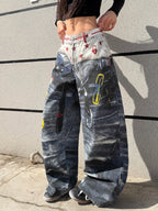 American High-Street 3D Print Design Blue Loose Jeans Y2K Street Trendy Fashion Versatile High-Waist Wide-Leg Pants