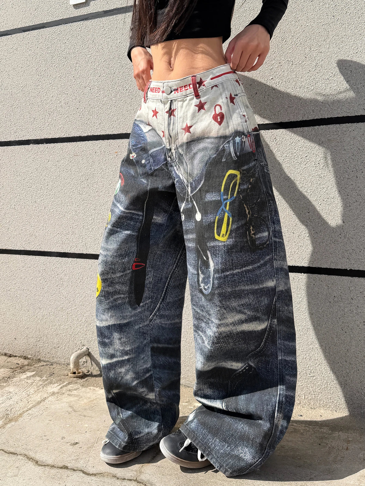American High-Street 3D Print Design Blue Loose Jeans Y2K Street Trendy Fashion Versatile High-Waist Wide-Leg Pants