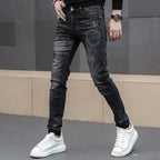 High End Stylish Classic Distinctive Printed Black Stretch Denim Jeans for Men High Quality Slim Fit Stretch Luxury Denim Pants