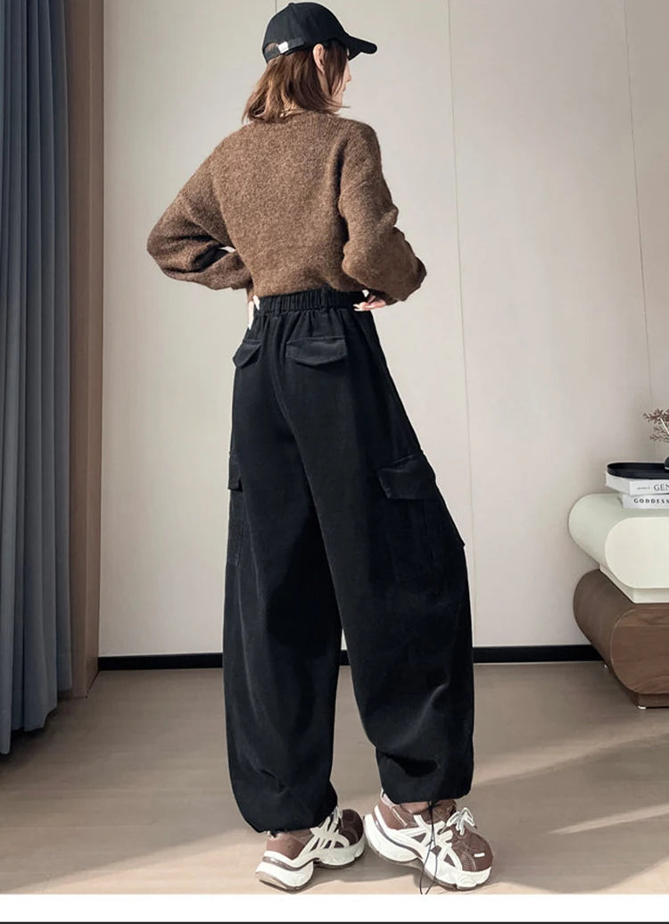 Corduroy cargo wide leg pants women in winter 2025 new high waisted loose fit slimming and ankle tied casual pants