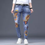 Spring Autumn Harajuku Fashion Art Craft Graphical Paintings 2000s Streetwear Male Slim Boyfriend Stylish Pants Denim Jeans Men