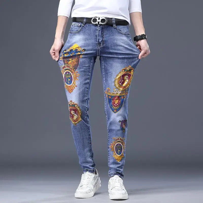 Spring Autumn Harajuku Fashion Art Craft Graphical Paintings 2000s Streetwear Male Slim Boyfriend Stylish Pants Denim Jeans Men