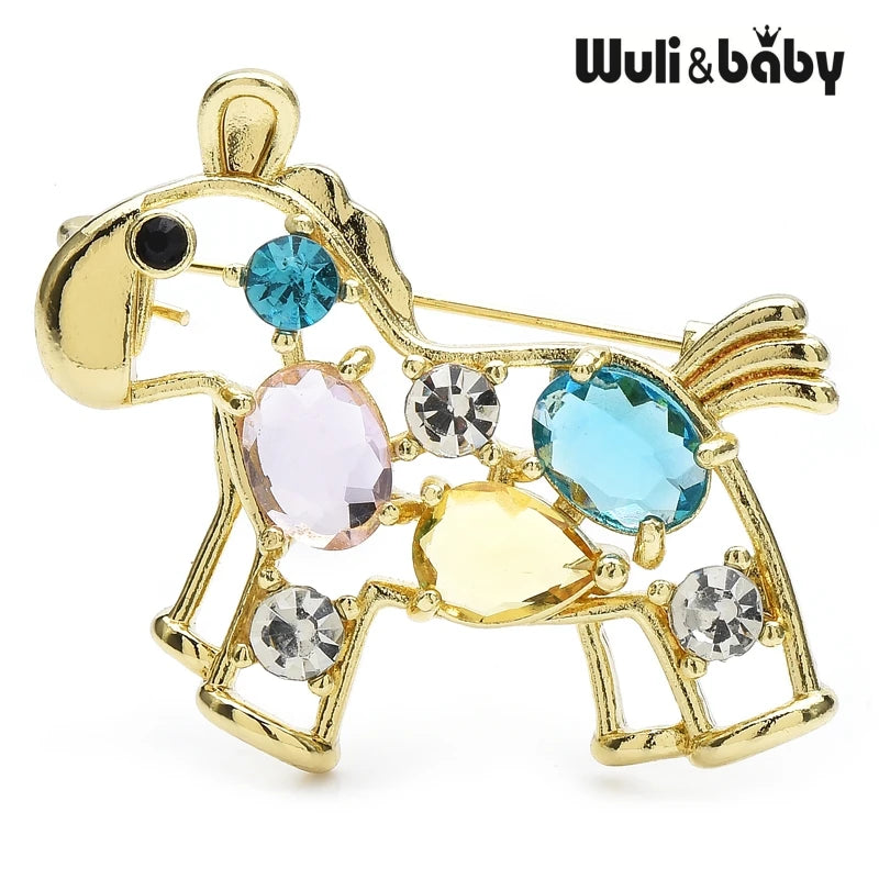 Wuli&baby Crystal Hobbyhorse Brooches For Women Kids Lovely Beautiful Horse Party Casual Brooch Pins Gifts
