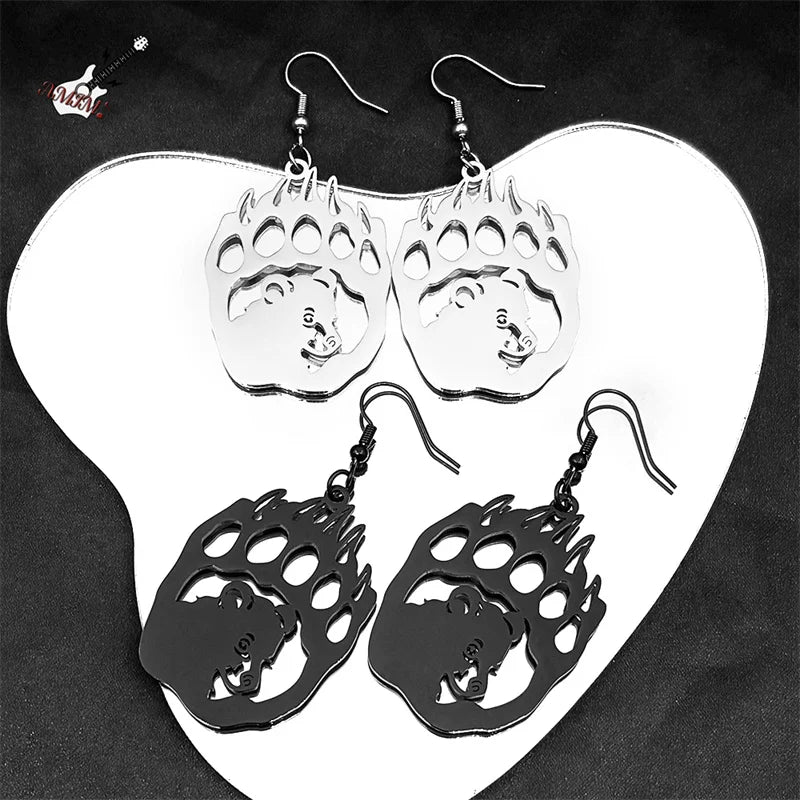 Hip Hop Animal Paw Bear Head Drop Earring for Women Stainless Steel Silver Black Color Hollow Earrings Jewelry E3492S06