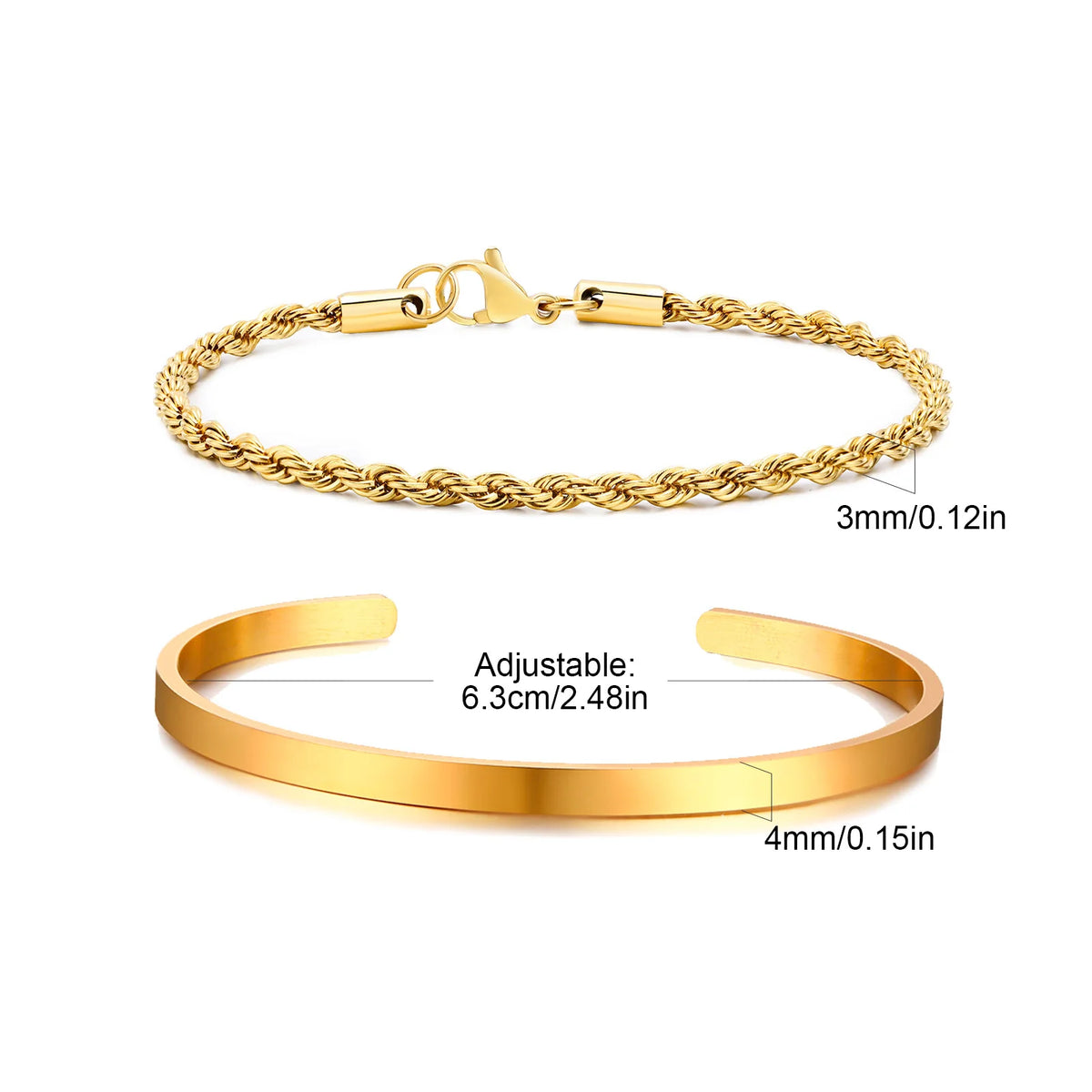 Waterproof Men's Layered Bracelets,2pcs Stainless Steel Twisted Chain Link Wristband,4MM Cuff Bangle Gift