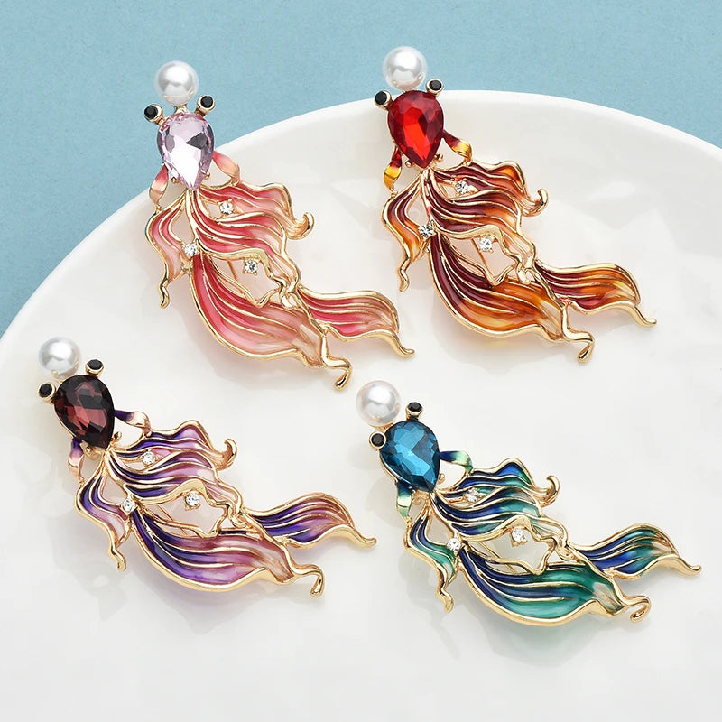 Wuli&baby Enamel Long Tail Goldfish Brooch Pins 4-color Metal Beautiful Swimming Fish Animal For Women's Clothes Pin Gifts