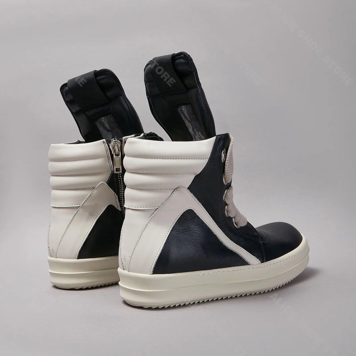 PENDRA Black Geobasket Black Leather High-Top Zip Jumbo-Lace Ankle Boots