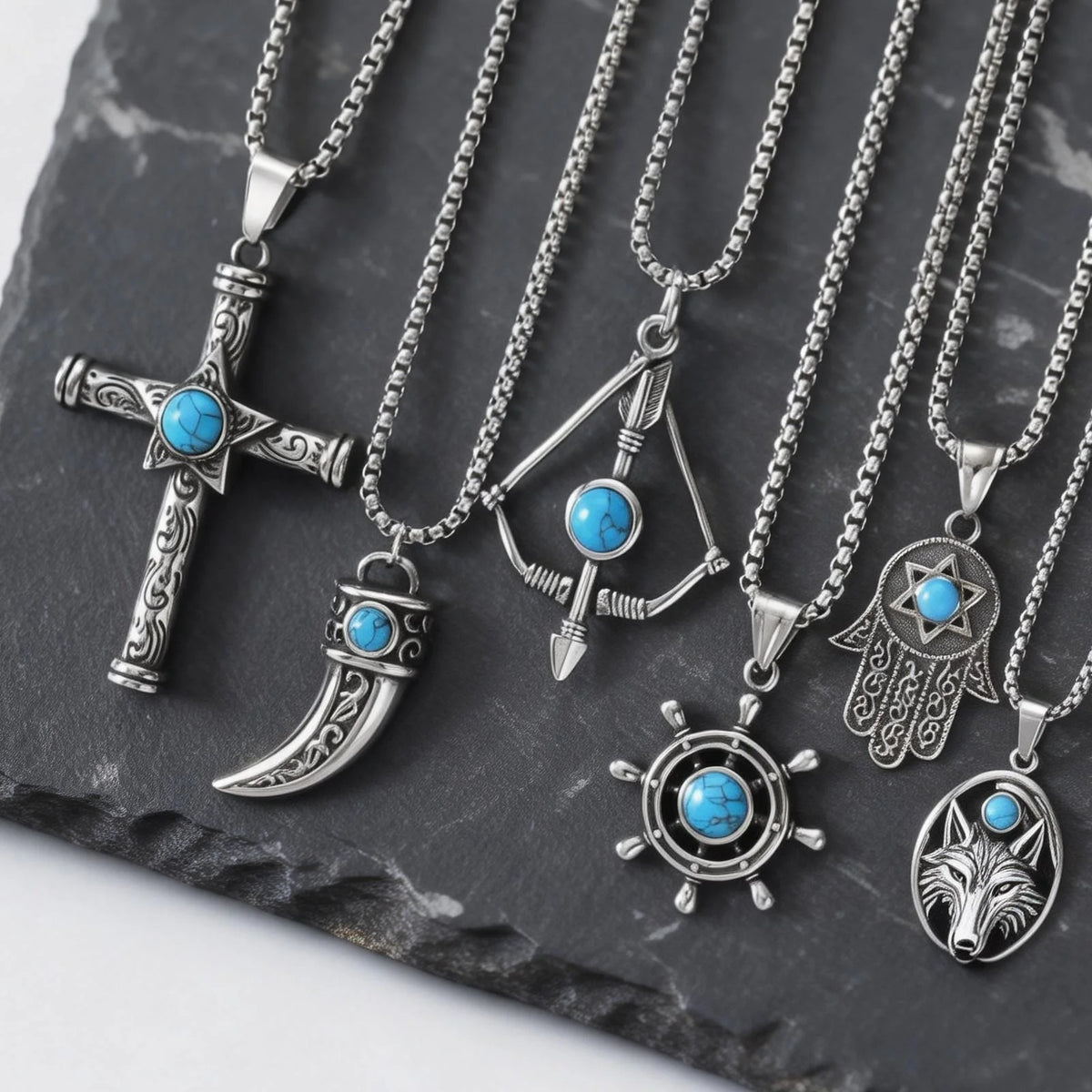 Vintage Men's Necklace,Stainless Steel Totem Natural Stone Pendant Necklace,Ethnic Punk Jewelry Gift