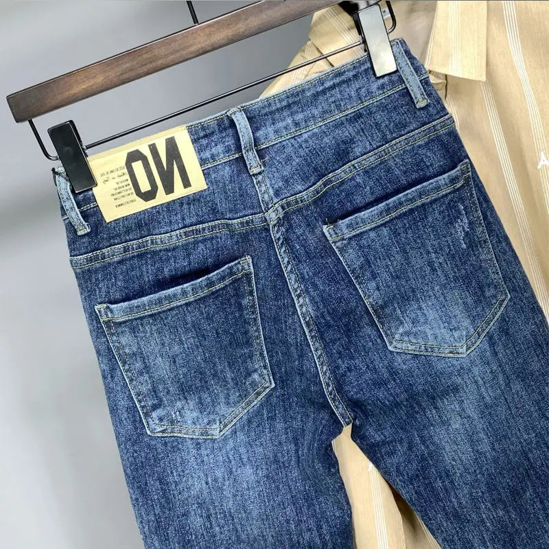 Korean Luxury Clothing Jeans Men's Autumn New High-end Brand Slim-fitting Small Feet Blue Washed Retro Ruffian Handsome Trousers