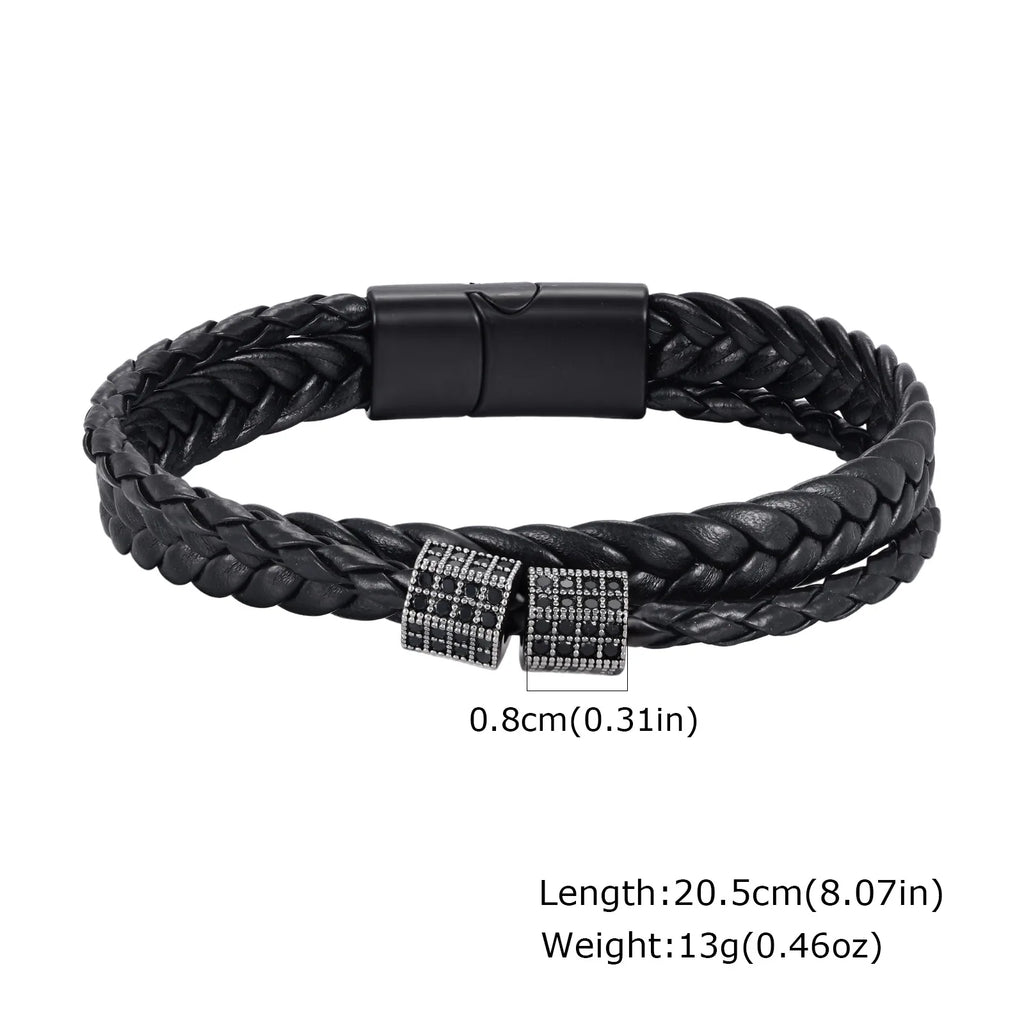 Black Braided Cord Bracelet for Men,Crystal Zircon Bead Charm Layered Punk Wristband,Streetwear Punk Casual Jewelry Gift
