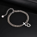 Men's Initials Cross Bracelets,Never Fade A-Z 26 Letters Stainless Steel Chain Links Cross Wristband,Stylish Simple Jewelry Gift