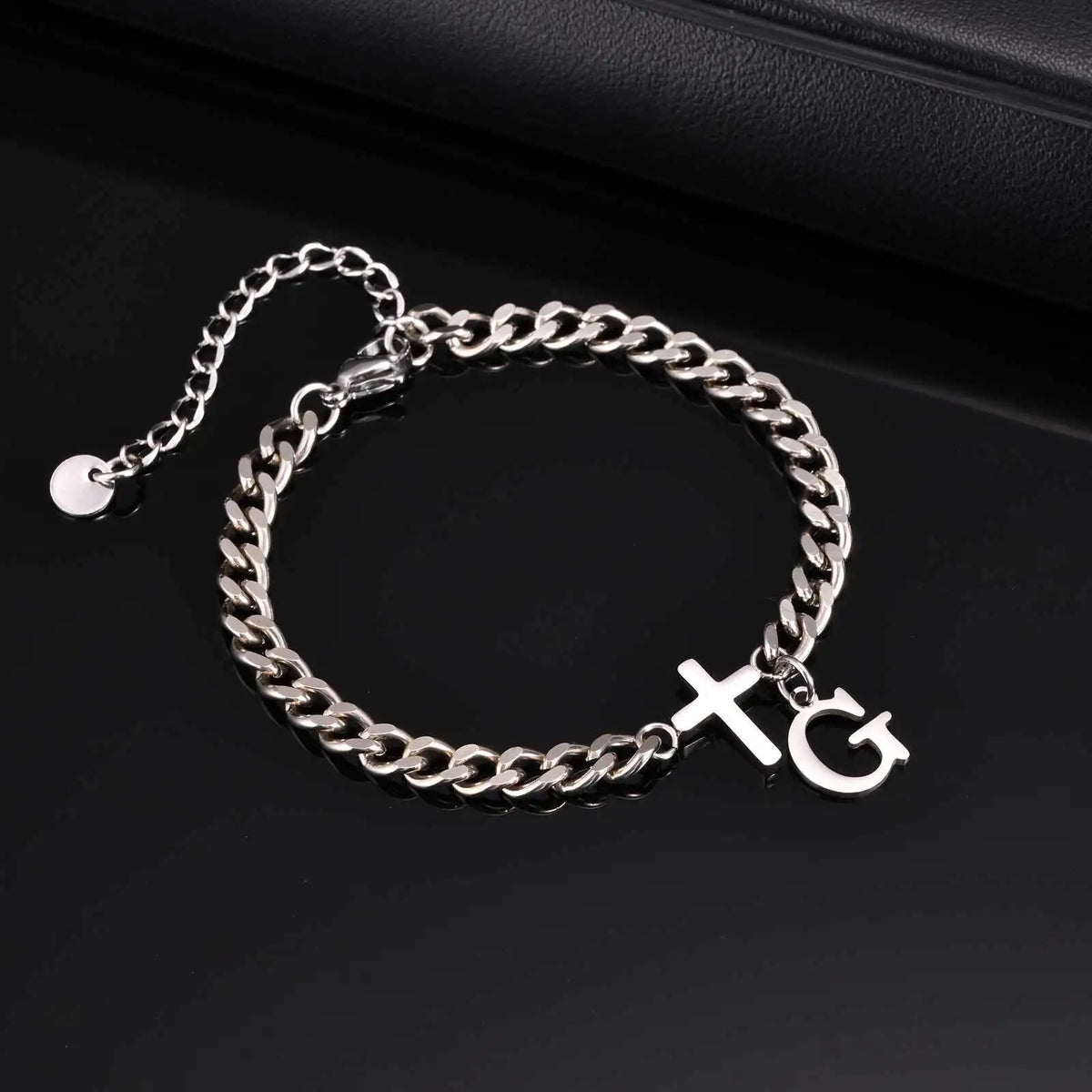 Men's Initials Cross Bracelets,Never Fade A-Z 26 Letters Stainless Steel Chain Links Cross Wristband,Stylish Simple Jewelry Gift