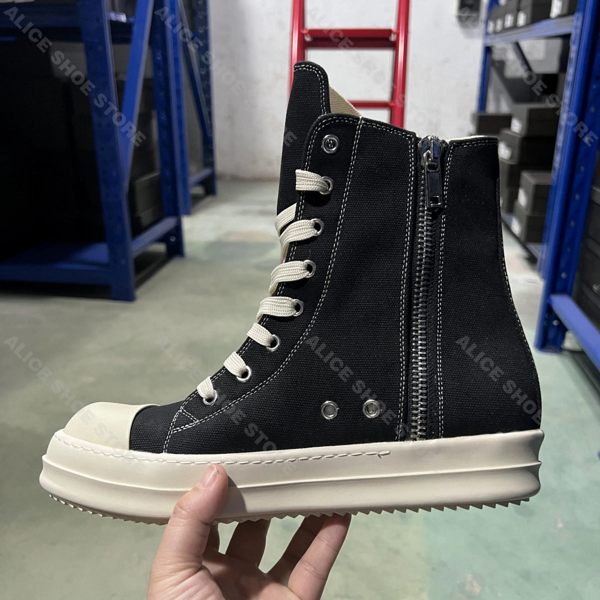 PENDRA Fringe Noir Black Canvas High-Top Zip Lace-Up Fringe Platform Ankle Boots
