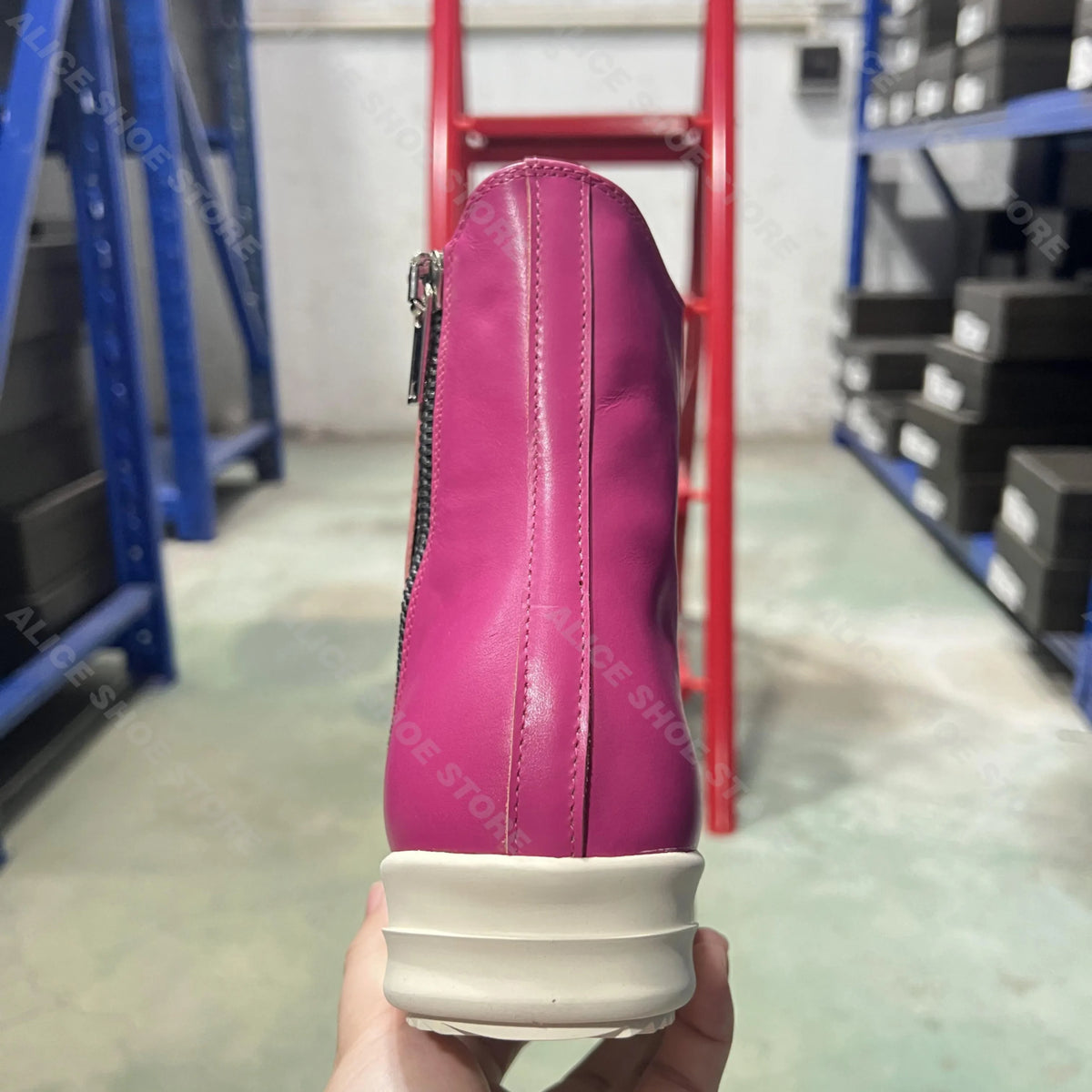 PENDRA Rose Titan Pink Genuine Leather High-Top Zip Thick-Sole Ankle Boots