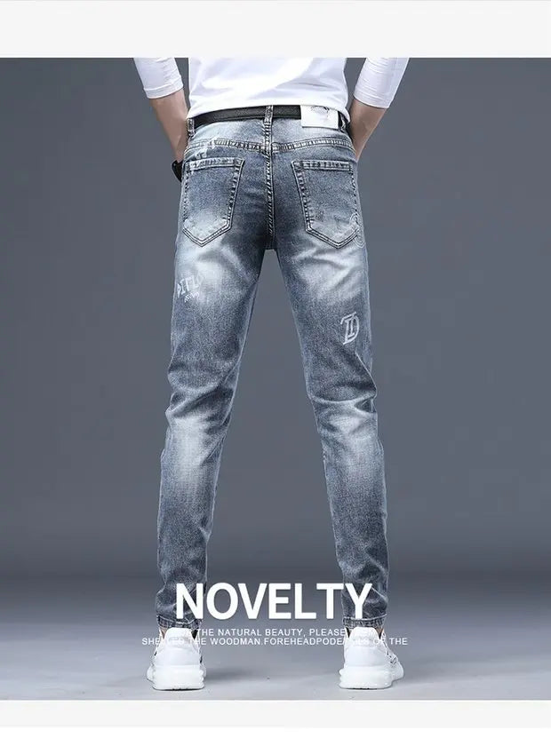 Spring Summer White Hot Drill Ripped Cowboy Korean Style Streetwear Men Washed Luxury Holes Slim Hip-hop Stylish Jeans Trousers