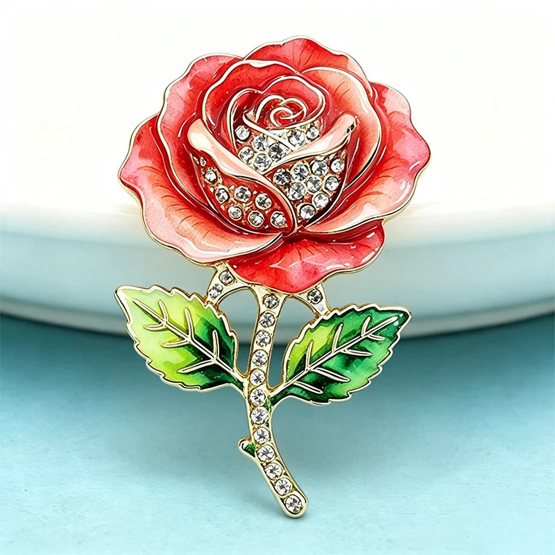 PENDRA Rosette 2-Color Enamel Rhinestone Rose Flower Brooch