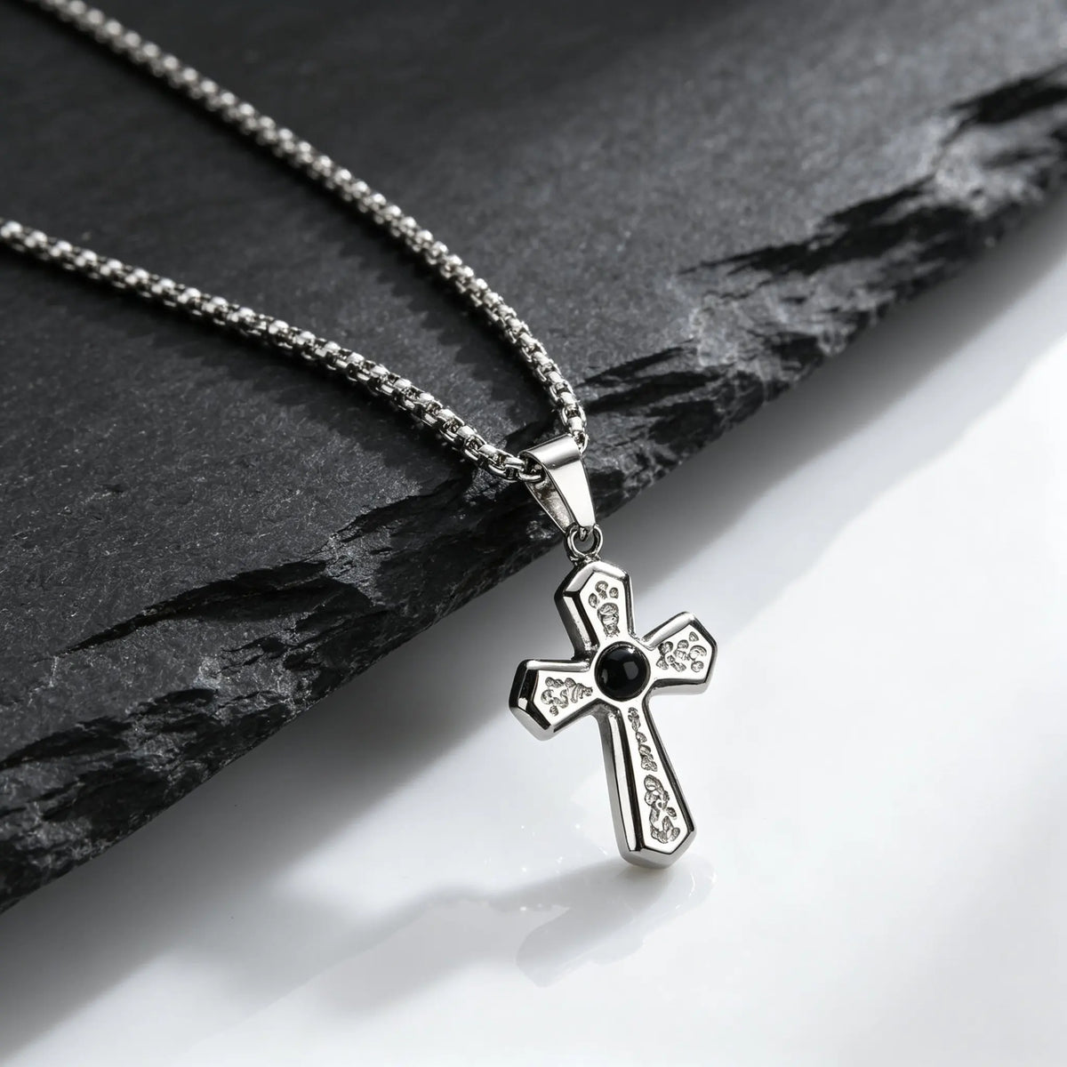 Stylish Black Natural Stone Cross Pendant Neckalce for Men,Stainless Steel Gothic Black Onyx Cross Charm Necklace Jewelry Gift