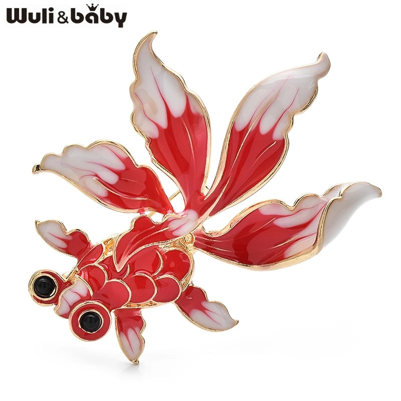Wuli&baby Lovely Swimming Goldfish Brooches For Women Unisex Red Enamel Fortune Fish Party Office Brooch Pins Gifts