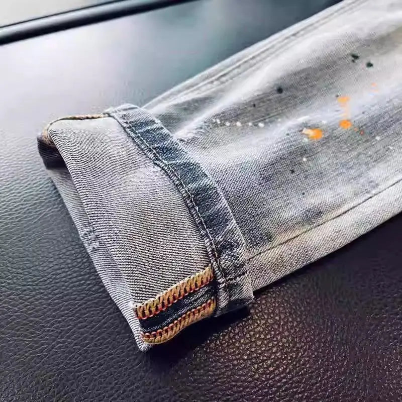High-end Luxury Clothing Light Blue Jeans Men Fashion Ink Splatter Autumn Slim Pencil Pants Spring Autumn Designer Denim Jeans