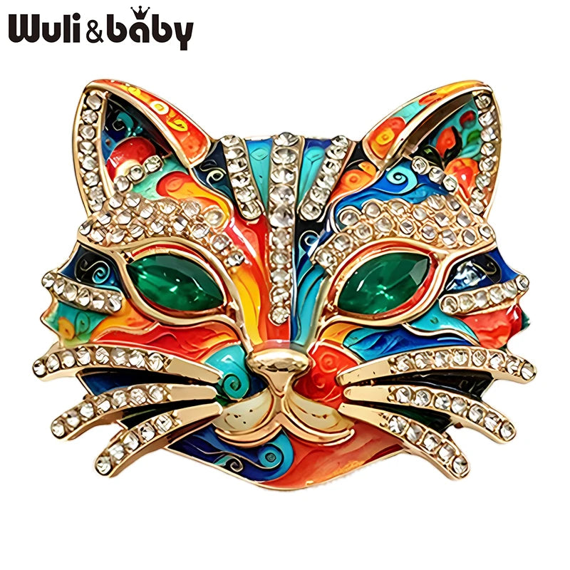 PENDRA Feline Rhinestone Enamel Cat Brooch