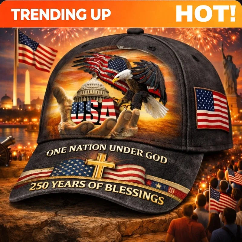 Stirring One Nation Under God Themed Dark Cap with Eagle USA Motifs And 250 Years Of Blessings Design for Highly Significant