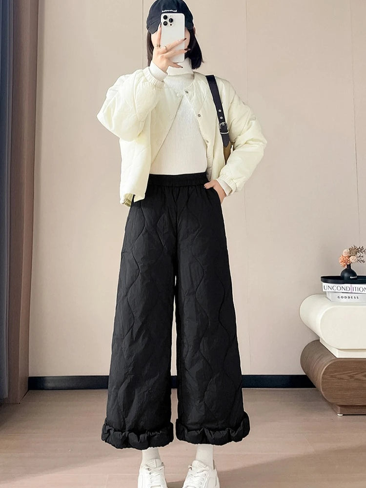Elastic waist design down pants women winter cold resistant and warm high waist loose hanging casual straight leg pants
