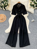 Fashionable casual lapel collar short sleeved cinched waist jumpsuit women's summer new solid color wide leg long pants