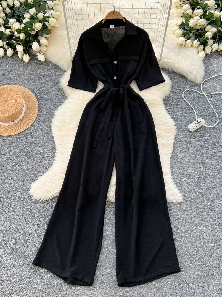 Fashionable casual lapel collar short sleeved cinched waist jumpsuit women's summer new solid color wide leg long pants