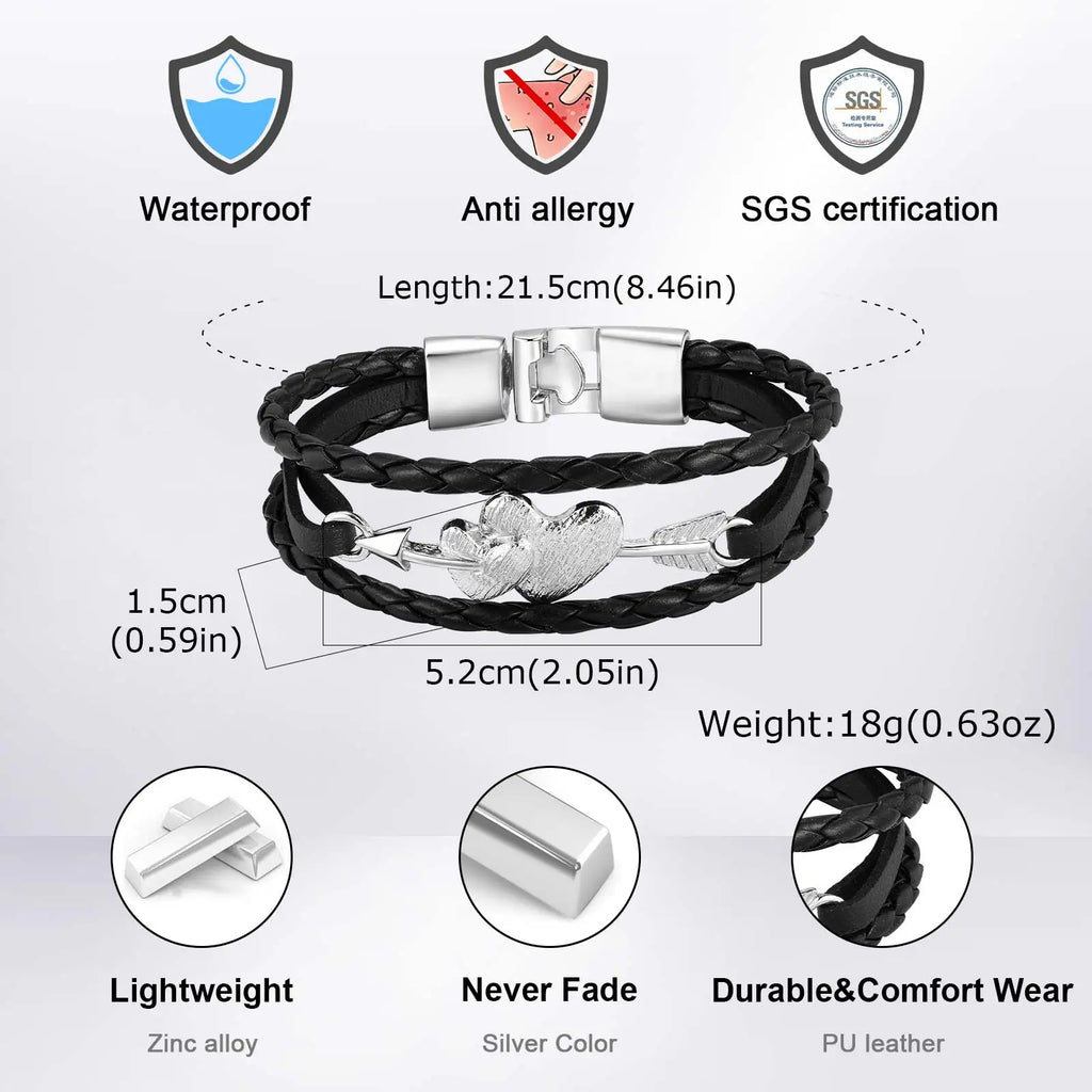 Arrow Piercing Heart Leather Bracelet for Men,Trendy Black PU Woven 3 Layers Bracelet,Gift for Husband Boyfriend