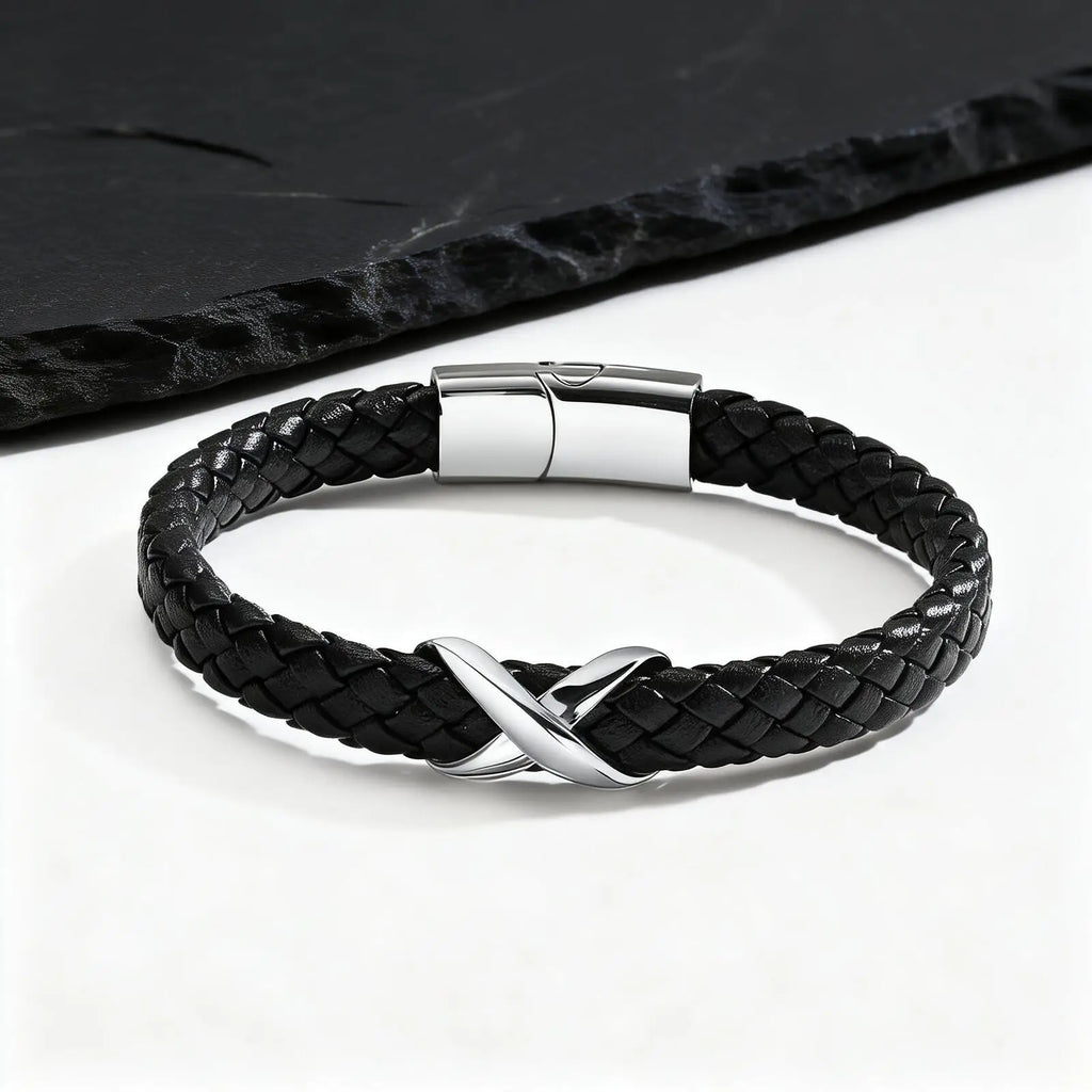 Stainless Steel Infinity Black Leather Bracelet for Men,High Quality Microfiber Leather Wristband,Gift for Husband Dad Him