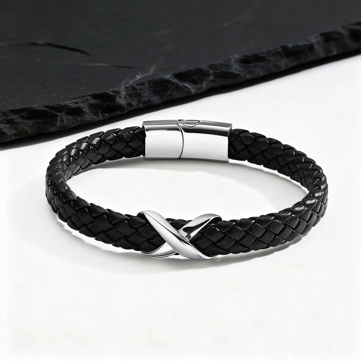 Stainless Steel Infinity Black Leather Bracelet for Men,High Quality Microfiber Leather Wristband,Gift for Husband Dad Him