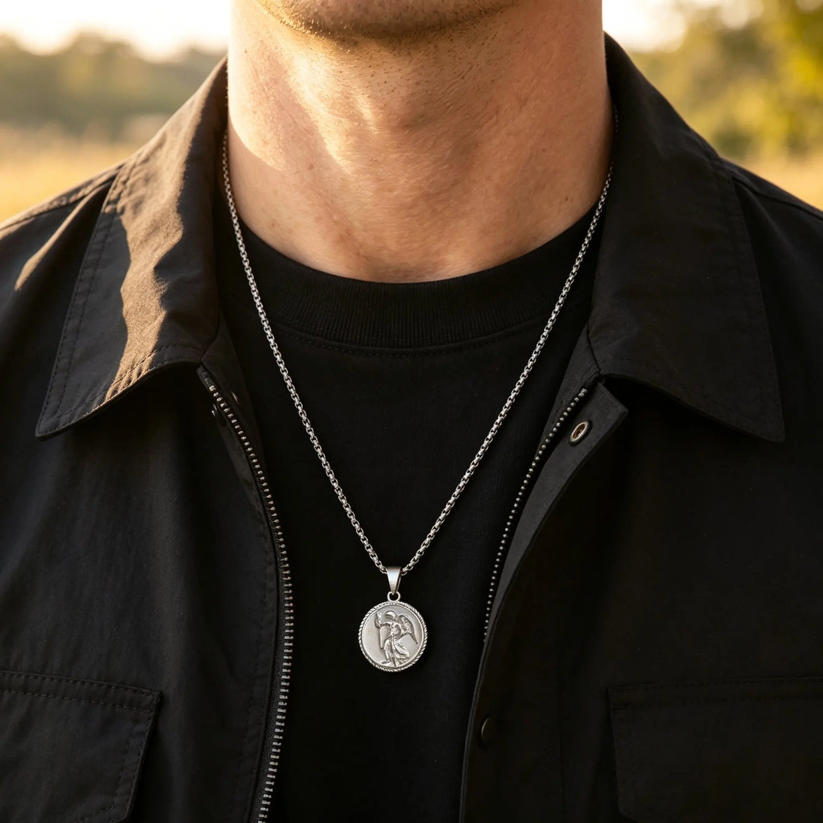 Saint Michael Archangel Pendant Necklace for Men,Stainless Steel Round Medal Neckalce,Religious Amulet Jewelry Gift