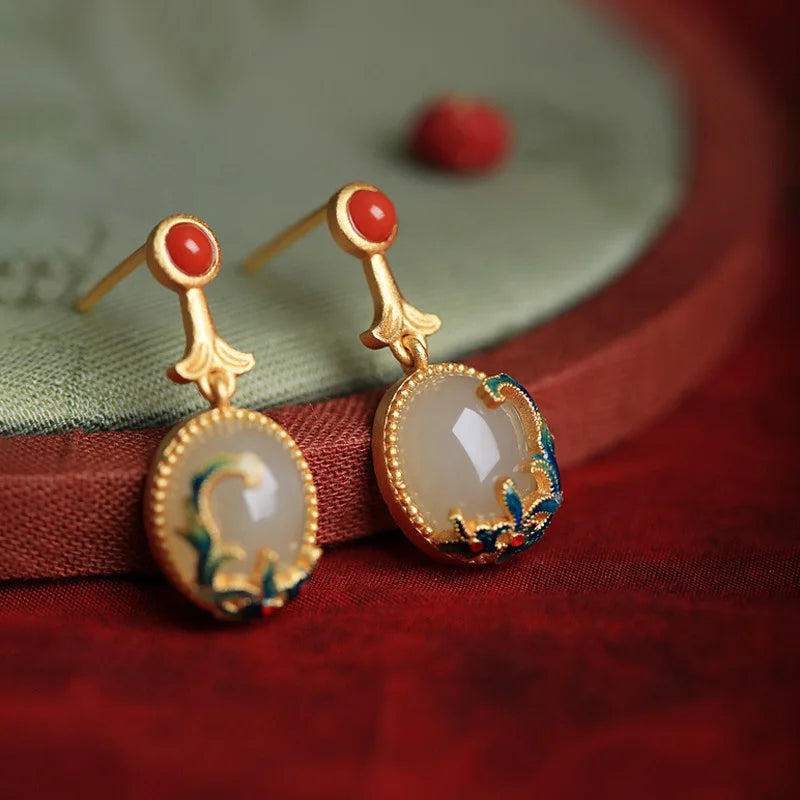 VENTFILLE Hetian Jade Ear Hook Earring Women's High-end Temperament Ethnic Style Retro Earrings Cloisonne Craft Dangler Gift