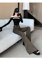 Retro solid color pants women autumn and winter high waisted casual and fashion versatile floor length flared trousers