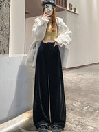 Black Gold Velvet Wide Leg Pants Women Winter Velvet High Waist Drop Feel Straight Tube Versatile Casual Floor Pants