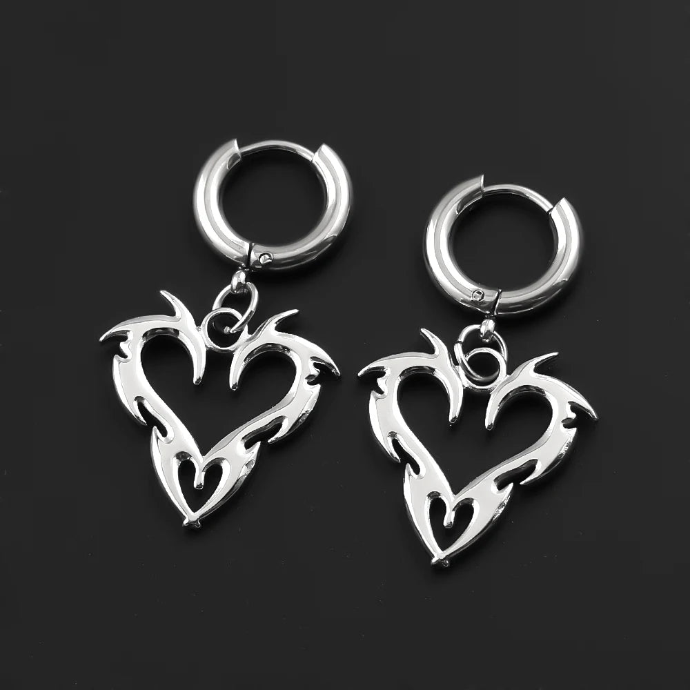 Y2K Thorn Flame Hoop Earrings Stainless Steel Korean Heart Unisex Punk Charm Grunge Ear Jewelry Goth Party Streetwear Gift