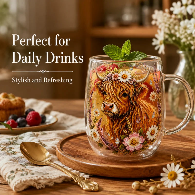 Vintage Highland Cattle Flower Sticker Glass,Double Layer Heat-resistant Coffee Cup,Home Office Drink Cup Collection Decorations